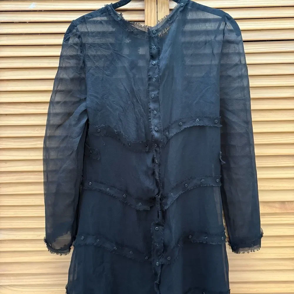 CHANEL Black sheer Silk Long Sleeve Dress